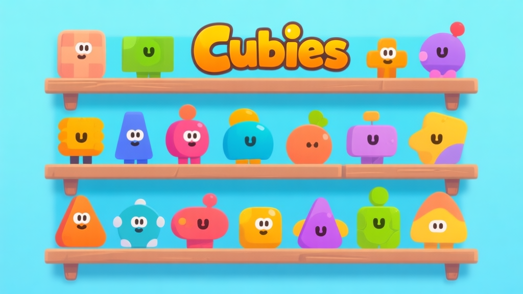 Ilustrasi karakter game 'Cubies' dengan berbagai bentuk dan warna, disusun seperti koleksi di rak, dengan latar belakang biru muda yang bersih, gaya seni digital yang cerah dan ramah high quality illustration, detailed, 16:9