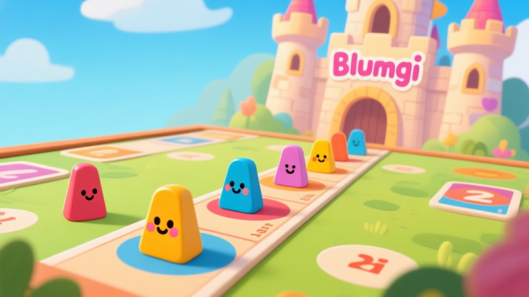 自动生成图片: Ilustrasi papan permainan Blumgi Castle yang cerah dan ramah, dengan beberapa bidak berbentuk karakter lucu berada di jalur start, latar belakang kastil kartun, gaya seni digital yang bersih dan menarik high quality illustration, detailed, 16:9