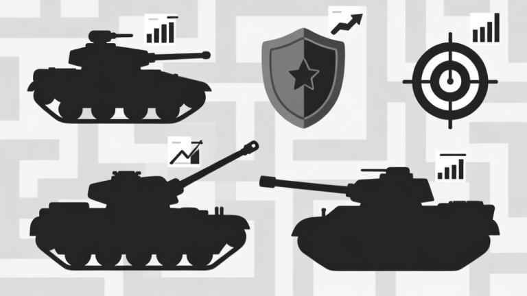 自动生成图片: Ilustrasi minimalis beberapa siluet tank dengan bentuk dan ukuran berbeda, masing-masing dengan ikon statistik kecil (panah untuk kecepatan, perisai untuk armor, target untuk akurasi), latar belakang grid labirin abu-abu muda, gaya flat design high quality illustration, detailed, 16:9