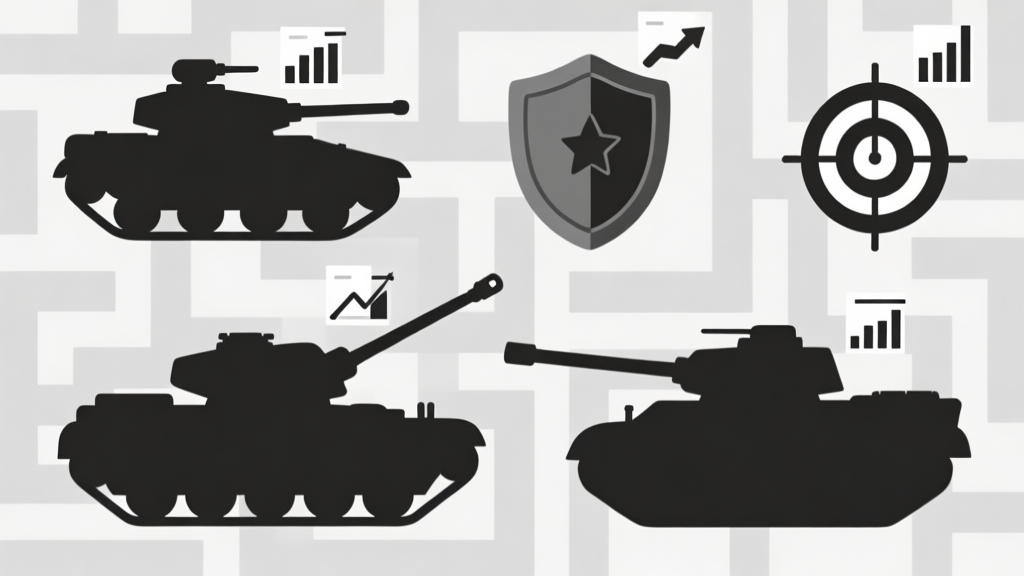 Ilustrasi minimalis beberapa siluet tank dengan bentuk dan ukuran berbeda, masing-masing dengan ikon statistik kecil (panah untuk kecepatan, perisai untuk armor, target untuk akurasi), latar belakang grid labirin abu-abu muda, gaya flat design high quality illustration, detailed, 16:9