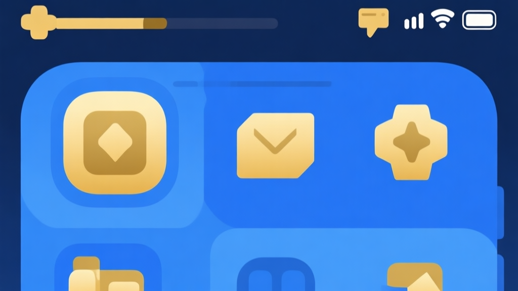 Ilustrasi minimalis antarmuka game mobile dengan ikon-ikon sederhana, palet warna biru dan emas, desain bersih, fokus pada kejelasan visual untuk pemula high quality illustration, detailed, 16:9