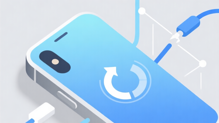 自动生成图片: Ilustrasi minimalis ponsel dengan ikon koneksi yang terputus dan simbol loading yang berputar, skema warna biru muda dan abu-abu, desain bersih, gaya infografis teknis high quality illustration, detailed, 16:9