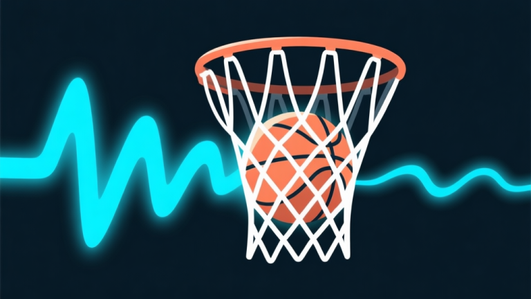 自动生成图片: Ilustrasi minimalis bola basket yang sedang bersinar di tengah jaring, dengan gelombang suara abstrak berbentuk 'swoosh' berwarna biru muda memancar darinya, latar belakang gelap lembut, gaya clean dan profesional high quality illustration, detailed, 16:9