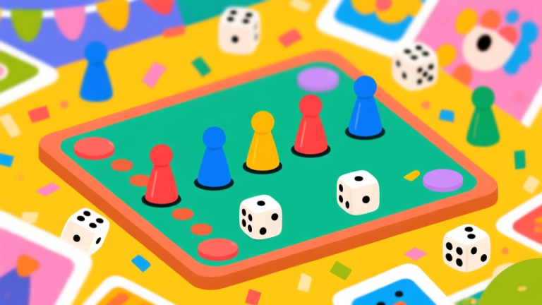 自动生成图片: Ilustrasi papan permainan pesta yang ceria dengan beberapa bidak warna-warni di posisi start, dadu berserakan, latar belakang kartun yang cerah namun tidak terlalu ramai, gaya flat design yang bersih high quality illustration, detailed, 16:9