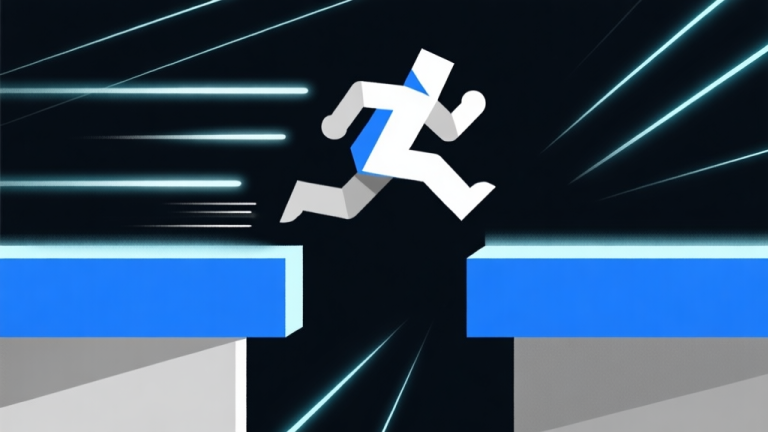 自动生成图片: Ilustrasi minimalis karakter geometris melompati platform biru dan abu-abu dengan latar belakang gelap, garis-garis cahaya menunjukkan jalur gerakan, gaya game platform abstrak, komposisi dinamis high quality illustration, detailed, 16:9