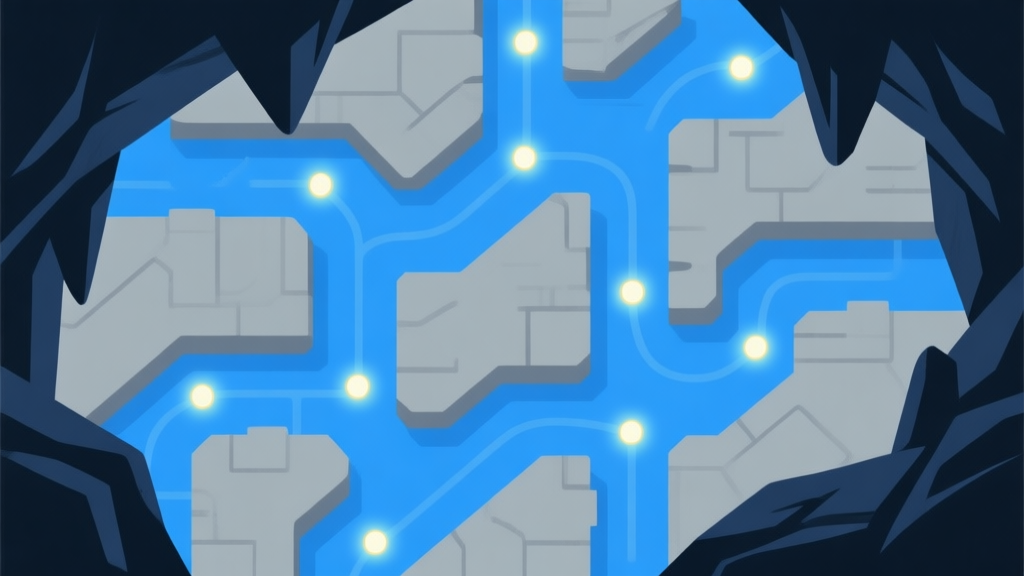 Ilustrasi abstrak dari gua game dengan jalur rumit dan titik-titik cahaya, skema warna biru tua dan abu-abu, desain minimal bersih, gaya konsep tantangan game high quality illustration, detailed, 16:9