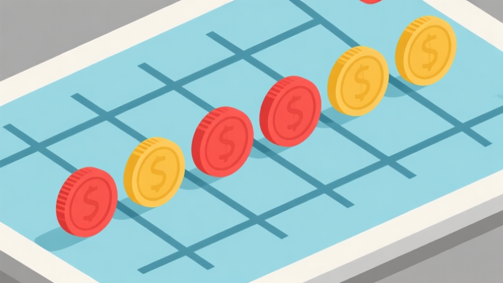 Ilustrasi papan permainan Four in a Row dengan koin merah dan kuning, fokus pada garis-garis kemenangan yang terbentuk secara diagonal dan vertikal, gaya flat design minimalis dengan warna biru muda dan abu-abu, nuansa strategis high quality illustration, detailed, 16:9