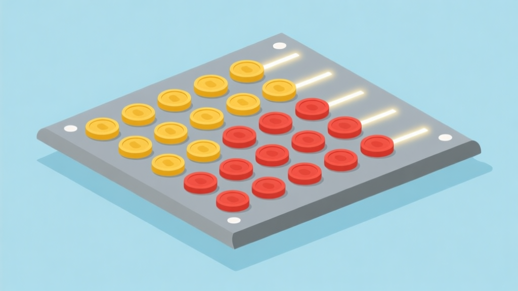 Ilustrasi papan permainan Four in a Row dengan koin kuning dan merah tersusun dalam pola yang kompleks, beberapa garis kemenangan tersorot dengan cahaya samar, gaya minimalis dengan warna biru muda dan abu-abu, desain clean dan profesional high quality illustration, detailed, 16:9