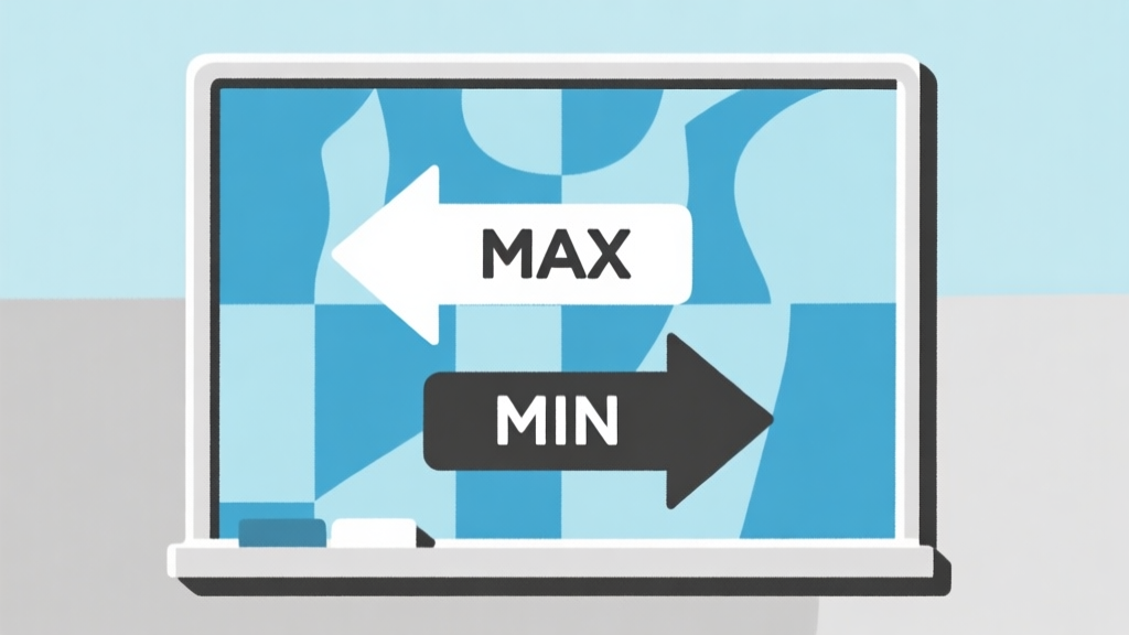 Ilustrasi grafis sederhana dengan dua panah yang berlawanan arah, satu mengarah ke atas dengan label "MAX", satu mengarah ke bawah dengan label "MIN", di atas papan catur abstrak, skema warna biru muda dan abu-abu, desain minimal bersih high quality illustration, detailed, 16:9