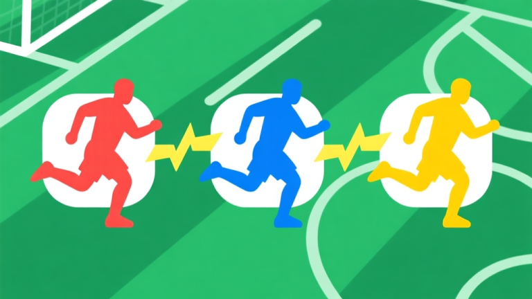 自动生成图片: Ilustrasi minimalis tiga ikon siluet pemain sepak bola dengan warna berbeda (merah, biru, kuning) dihubungkan oleh garis energi, latar belakang abstrak hijau lapangan, gaya flat design yang bersih high quality illustration, detailed, 16:9