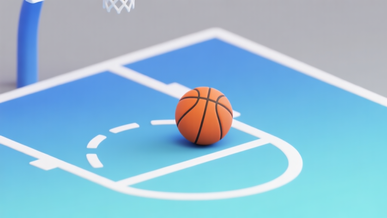 自动生成图片: Ilustrasi minimalis lapangan basket 3D dengan garis-garis putih bersih, bola basket oranye terletak di tengah, latar belakang gradient biru muda ke abu-abu, gaya visual game yang sederhana dan clean high quality illustration, detailed, 16:9