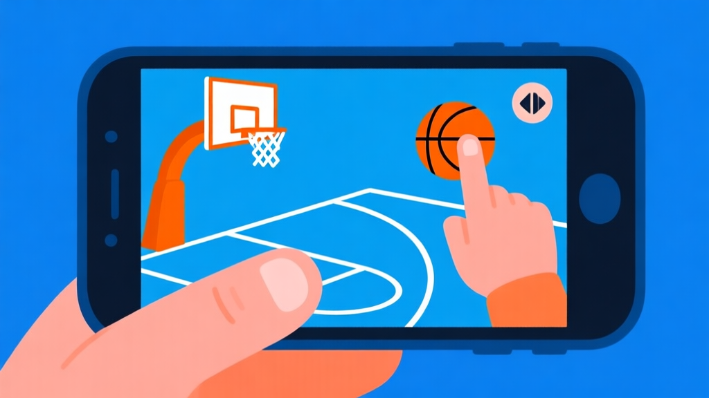 Ilustrasi close-up tangan di layar ponsel dengan kontrol swipe untuk game basket, menunjukkan gerakan tarikan untuk tembakan dan umpan, dengan garis lintasan yang samar, gaya flat design minimalis, warna biru dan oranye high quality illustration, detailed, 16:9