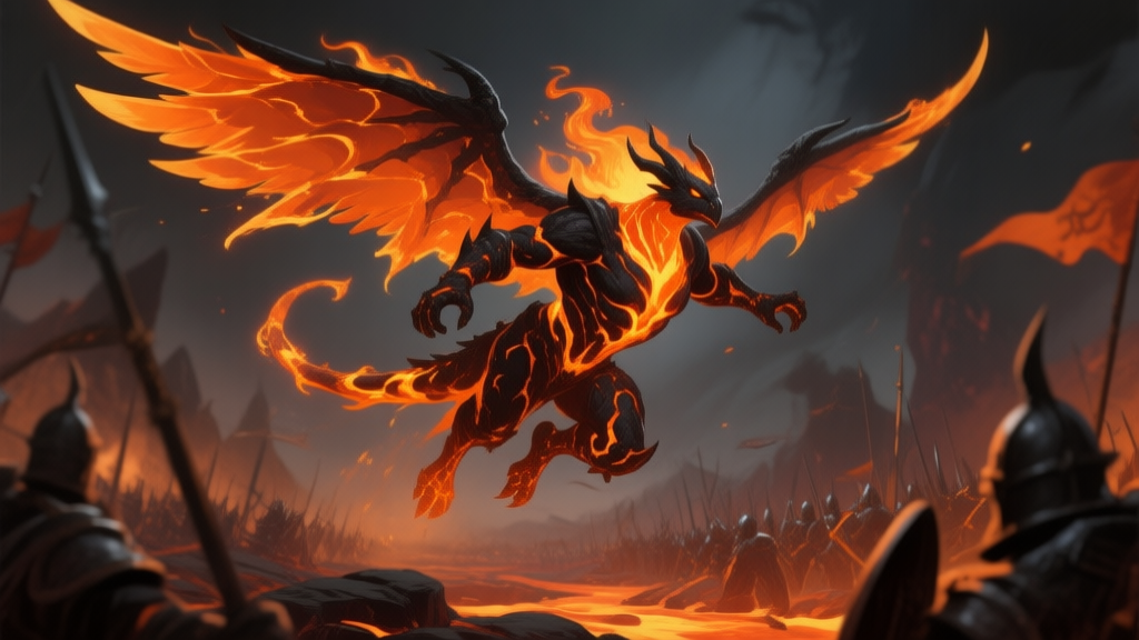 Ilustrasi karakter game bergaya fantasi dengan tubuh terbuat dari lava dan sayap berapi, sedang terbang di atas medan perang, warna dominan oranye dan hitam, gaya artwork game mobile strategi, detail tinggi, dramatis high quality illustration, detailed, 16:9