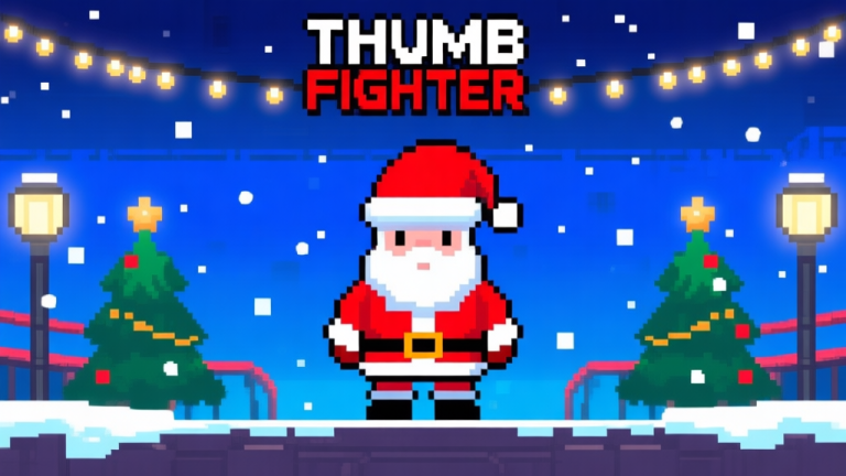 自动生成图片: Ilustrasi karakter game bergaya pixel art dengan tema Natal, mengenakan kostum Santa dan topi merah, berdiri di arena Thumb Fighter yang dihiasi lampu dan pohon natal, latar belakang biru malam dengan efek salju, gaya minimalis dan colorful high quality illustration, detailed, 16:9