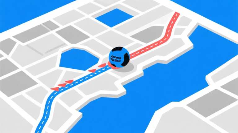 自动生成图片: Ilustrasi minimalis dari peta Xtreme Furball dengan jalur strategis berwarna, ditampilkan dari sudut pandang atas, skema warna biru dan abu-abu yang bersih, gaya desain datar untuk visualisasi taktis high quality illustration, detailed, 16:9