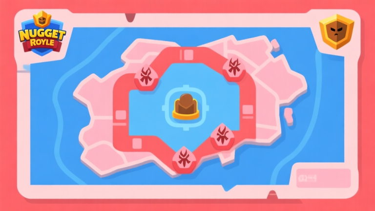 自动生成图片: Ilustrasi minimalis peta permainan Nugget Royale dengan zona aman dan zona berbahaya, skema warna biru dan merah muda lembut, gaya desain bersih, konsep strategi game high quality illustration, detailed, 16:9