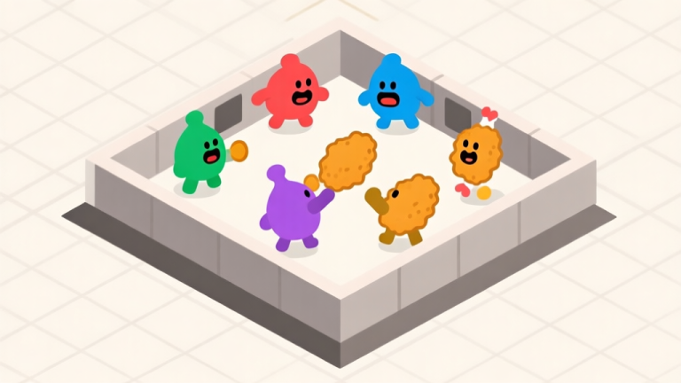 自动生成图片: Ilustrasi minimalis arena pertarungan dengan beberapa karakter nugget ayam berwarna-warni di peta berbentuk kotak, latar belakang sederhana dengan grid, gaya game .io yang bersih dan cerah high quality illustration, detailed, 16:9