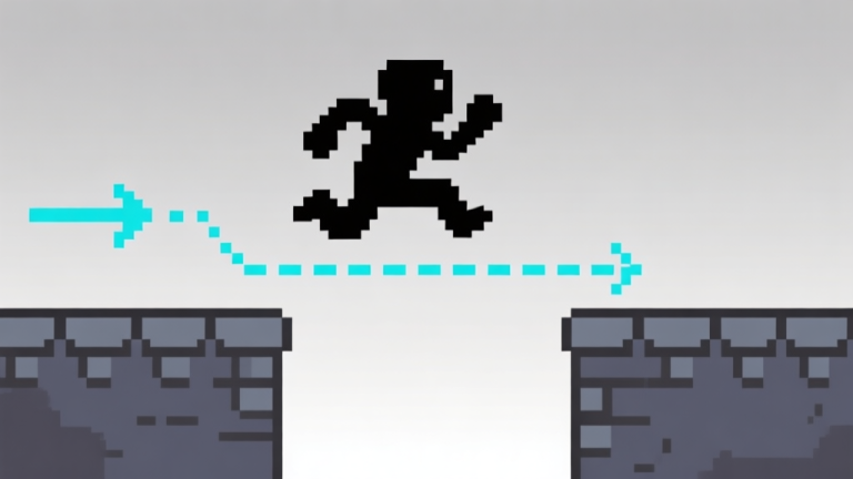 自动生成图片: Ilustrasi minimalis karakter game pixel art sedang melompat antara dua dinding, dengan panah dan garis putus-putus berwarna biru muda yang menunjukkan lintasan dan titik perubahan arah, latar belakang sederhana dengan gradien abu-abu lembut high quality illustration, detailed, 16:9