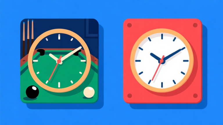 自动生成图片: Ilustrasi dua jam dinding yang menunjukkan waktu berbeda, satu dengan latar belakang game billiard, satu dengan latar belakang papan Ludo, gaya flat design minimalis, warna biru dan merah yang kontras namun tidak terlalu terang high quality illustration, detailed, 16:9