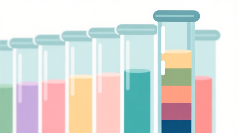 自动生成图片: Ilustrasi minimalis beberapa tabung kaca berisi cairan warna-warna pastel yang teratur, dengan satu tabung berisi warna yang sudah tersortir sempurna, latar belakang bersih, gaya flat design high quality illustration, detailed, 16:9