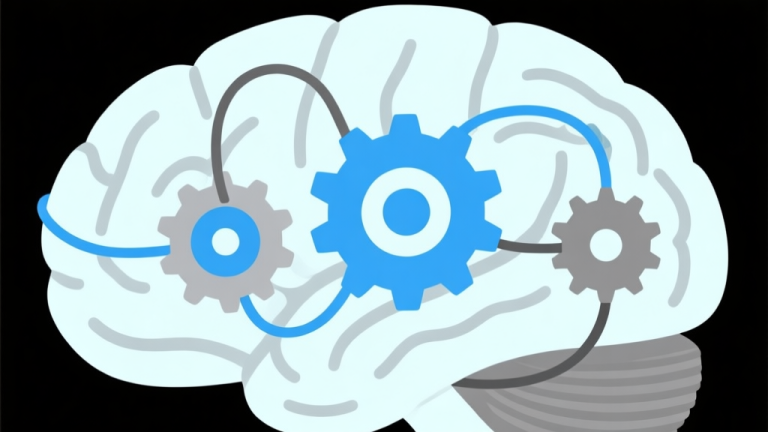自动生成图片: Ilustrasi minimalis otak manusia dengan kabel dan roda gigi yang saling terhubung membentuk diagram alur, skema warna biru muda dan abu-abu, gaya desain bersih, konsep pemecahan masalah logika high quality illustration, detailed, 16:9