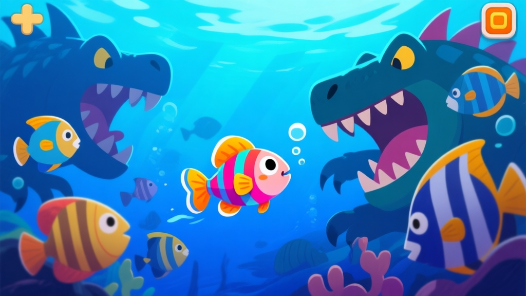 Ilustrasi digital ikan kecil berwarna cerah berenang di antara ikan-ikan predator besar di laut biru yang dalam, gaya kartun game mobile yang cerah dan menarik, komposisi dinamis high quality illustration, detailed, 16:9