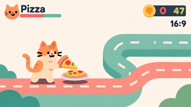 自动生成图片: Ilustrasi minimalis game Cat Pizza dengan kucing lucu sedang mengantarkan pizza di jalur berliku, skor tinggi terpampang di sudut, gaya flat design dengan warna-warna cerah namun lembut, latar belakang sederhana high quality illustration, detailed, 16:9