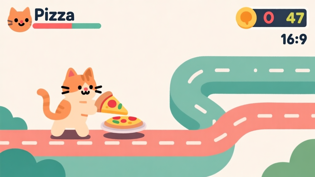 Ilustrasi minimalis game Cat Pizza dengan kucing lucu sedang mengantarkan pizza di jalur berliku, skor tinggi terpampang di sudut, gaya flat design dengan warna-warna cerah namun lembut, latar belakang sederhana high quality illustration, detailed, 16:9