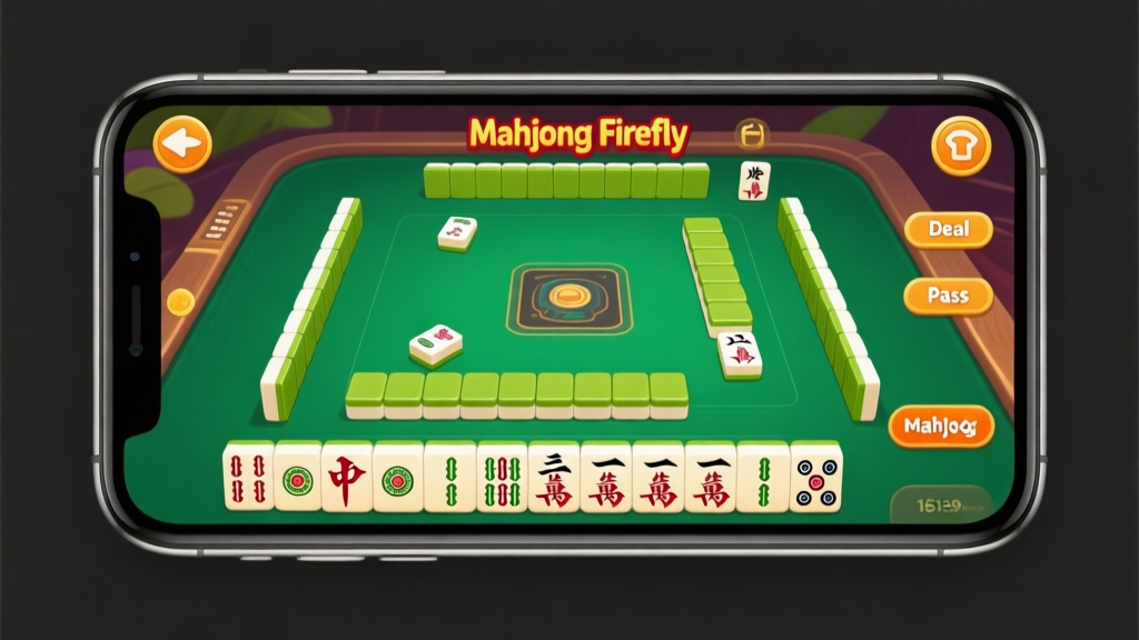 Tampilan antarmuka game Mahjong Firefly di ponsel, dengan fokus pada area meja domino yang sedang berlangsung. Tampilan bersih, warna dominan hijau dan emas seperti dalam game, dengan beberapa tombol penting diberi tanda panah dan label sederhana seperti 'Deal', 'Pass', 'Mahjong'. Gaya ilustrasi digital yang jelas dan informatif. high quality illustration, detailed, 16:9