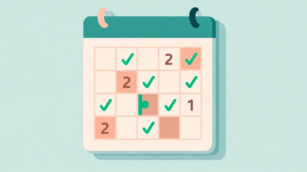 Ilustrasi minimalis sebuah kalender dinding dengan kotak-kotak yang berisi puzzle sudoku sederhana yang terselesaikan sebagian, beberapa kotak diberi tanda centang hijau. Warna pastel lembut, gaya clean dan modern, konsep produktivitas dan kebiasaan baik. high quality illustration, detailed, 16:9