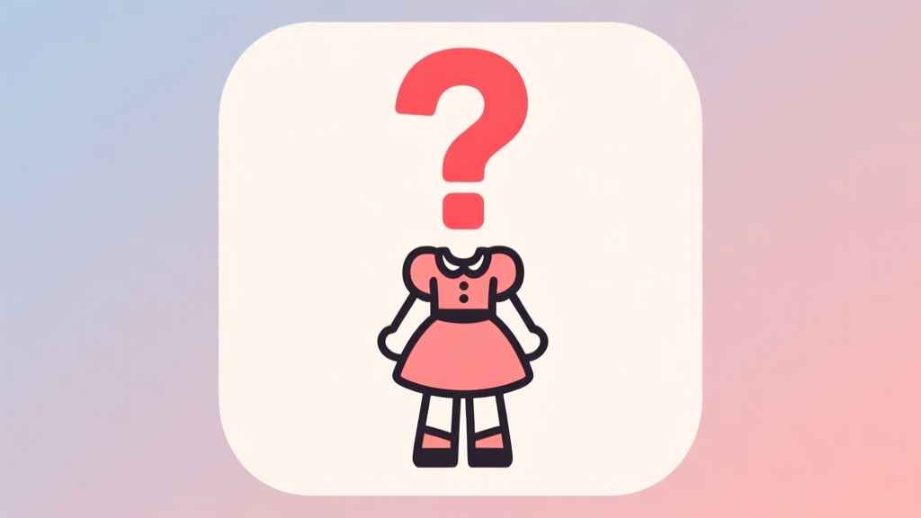 Ilustrasi minimalis dari karakter game bergaya dress-up dengan ikon tanda tanya besar di atasnya, skema warna pastel lembut dengan aksen merah untuk menandakan kesalahan, desain bersih dan modern high quality illustration, detailed, 16:9