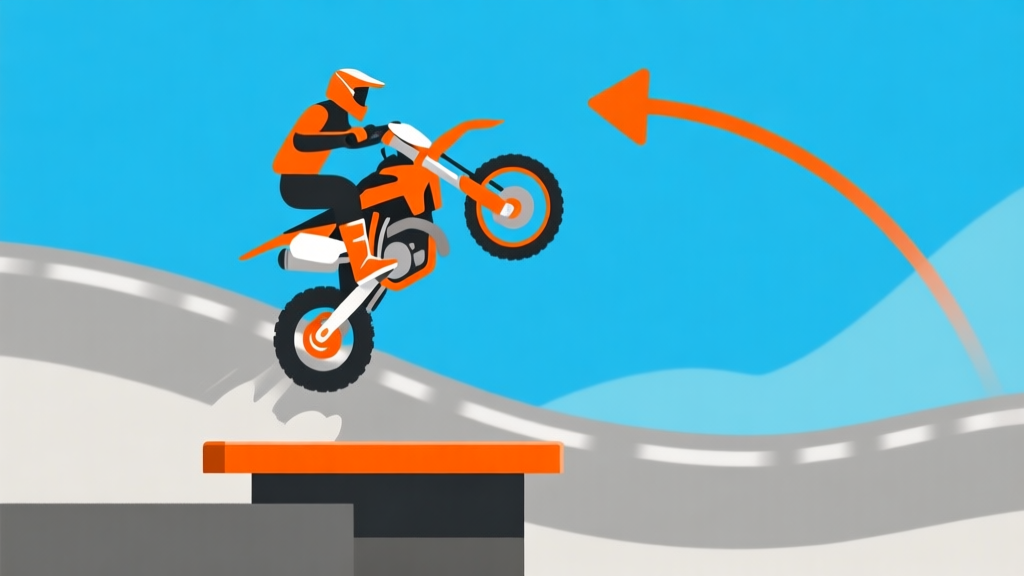Ilustrasi gaya game Moto X3M, menunjukkan sepeda motor sedang di udara sebelum mendarat di platform sempit berwarna oranye, dengan panah melengkung menunjukkan trajectory yang optimal, latar belakang trek dengan warna biru dan abu-abu, desain minimalis dan jelas high quality illustration, detailed, 16:9