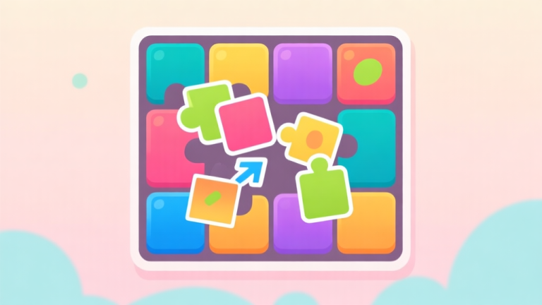 自动生成图片: Ilustrasi layar game puzzle dengan stiker-stiker berwarna cerah yang tertata rapi dan beberapa sedang dalam proses merge, gaya flat design yang bersih, latar belakang pastel lembut high quality illustration, detailed, 16:9