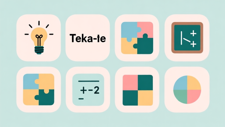 自动生成图片: Ilustrasi minimalis dari tujuh ikon berbeda yang mewakili jenis puzzle, seperti lampu pikir, teka-teki kata, persamaan matematika, dan pola visual, disusun rapi dalam grid dengan warna pastel lembut dan garis bersih high quality illustration, detailed, 16:9