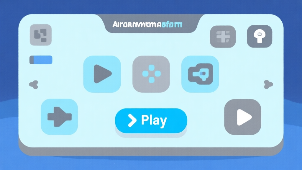 Ilustrasi minimalis antarmuka platform game dengan beberapa ikon sederhana dan tombol "Play" yang menonjol, skema warna biru muda dan abu-abu, desain bersih, gaya infografis high quality illustration, detailed, 16:9