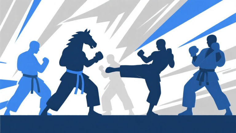 自动生成图片: Ilustrasi minimalis beberapa siluet karakter game fighting dengan pose khas karate (kuda-kuda, pukulan lurus, tendangan), dalam skema warna biru dan abu-abu, gaya clean vector, latar belakang abstrak dengan garis-garis dinamis high quality illustration, detailed, 16:9