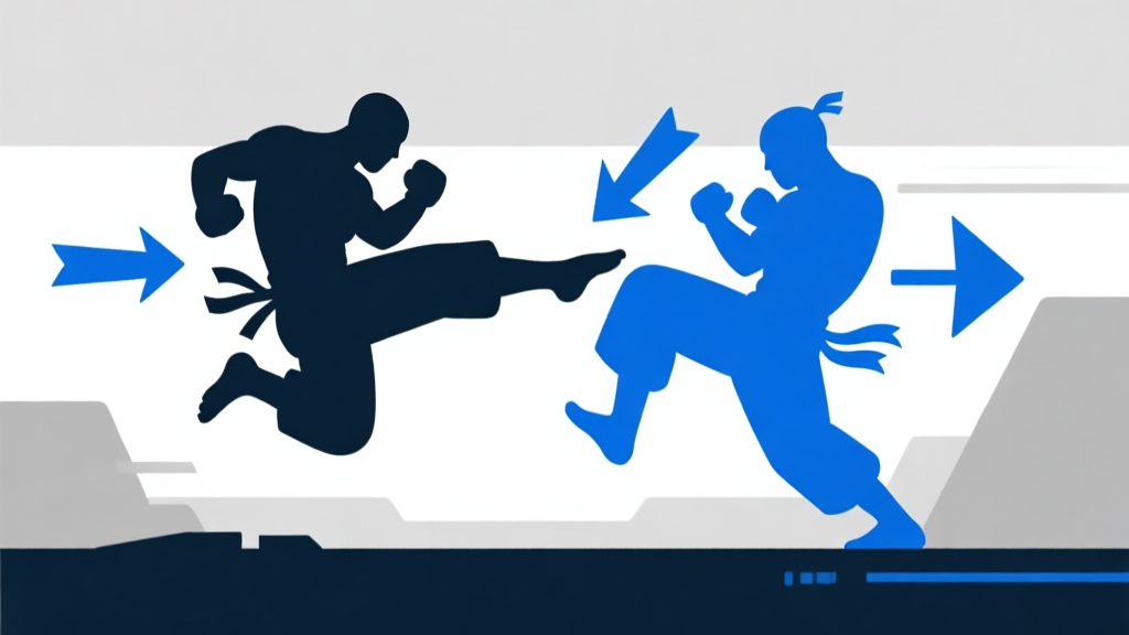 Ilustrasi minimalis karakter siluet game fighting sedang melompat di atas serangan low kick, dengan panah-panah arah gerakan, skema warna biru dan abu-abu, gaya desain bersih, konsep strategi permainan high quality illustration, detailed, 16:9