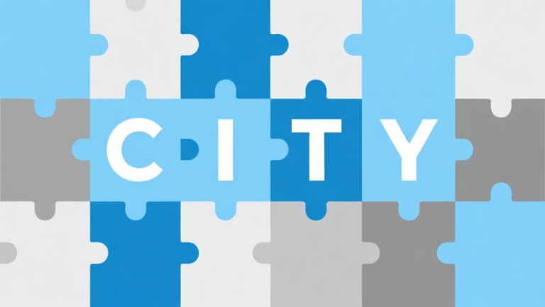 自动生成图片: Ilustrasi minimalis papan puzzle kata dengan beberapa kotak terisi membentuk kata "CITY", skema warna biru muda dan abu-abu, desain bersih, gaya infografis modern high quality illustration, detailed, 16:9