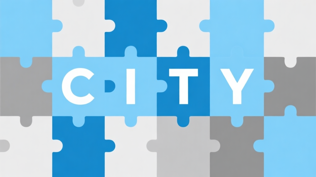 Ilustrasi minimalis papan puzzle kata dengan beberapa kotak terisi membentuk kata "CITY", skema warna biru muda dan abu-abu, desain bersih, gaya infografis modern high quality illustration, detailed, 16:9