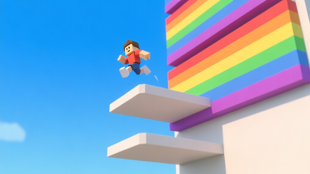 Ilustrasi minimalis platform-platform berwarna pelangi yang tersusun secara vertikal di langit biru, dengan karakter Roblox kecil sedang melompat, gaya 3D low-poly yang bersih dan cerah high quality illustration, detailed, 16:9