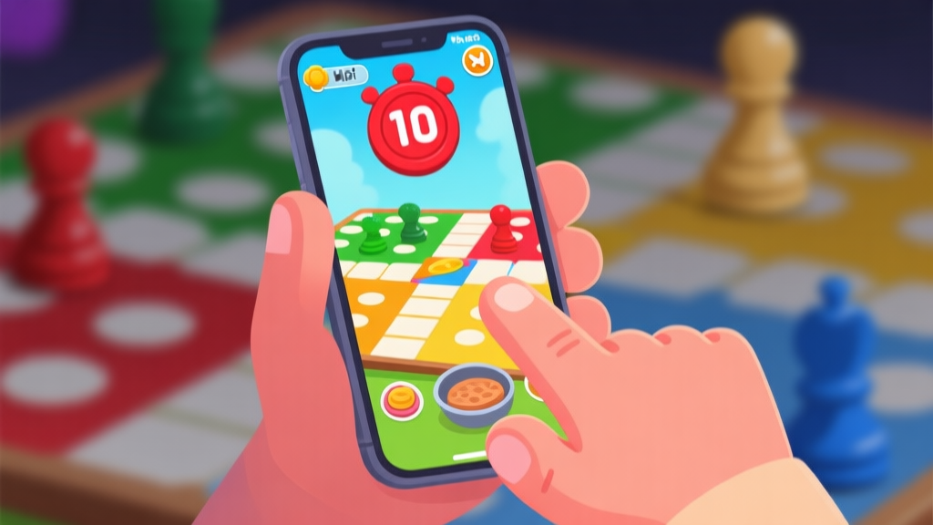 Ilustrasi layar ponsel dengan mini-game memasak yang penuh warna, timer merah besar di bagian atas, tangan yang tampak sedikit gugup sedang mengetuk layar, dengan latar belakang blur bidak-bidak Ludo, gaya ilustrasi game mobile yang bersih high quality illustration, detailed, 16:9
