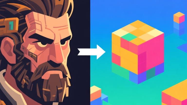 自动生成图片: Ilustrasi kontras dua gaya visual game: satu sisi dengan grafis realistis penuh tekstur kompleks, sisi lain dengan dunia blocky minimalis berbentuk kubus berwarna cerah, dengan panah yang menghubungkan keduanya, gaya flat design yang bersih high quality illustration, detailed, 16:9