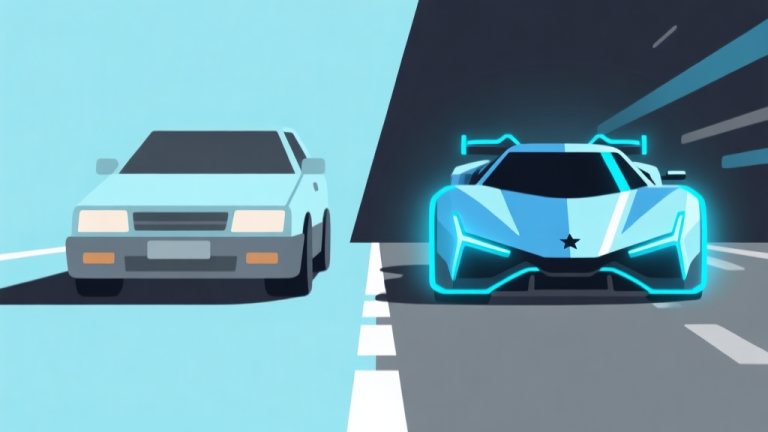 自动生成图片: Ilustrasi minimalis dua mobil game: satu mobil biasa sederhana di sisi kiri layar, dan satu mobil super star futuristik dengan garis-garis cahaya biru di sisi kanan, dipisahkan oleh garis finish. Skema warna biru muda dan abu-abu gelap, desain bersih, gaya infografis game high quality illustration, detailed, 16:9