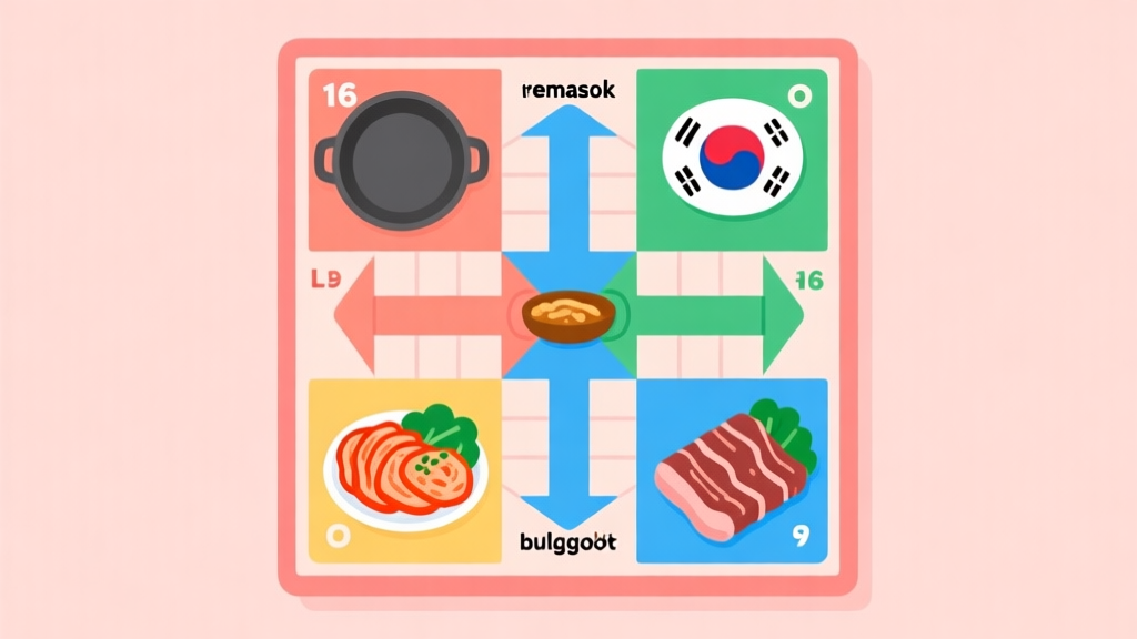 Ilustrasi minimalis papan permainan Ludo digital dengan ikon wajan dan bahan makanan Korea seperti kimchi dan bulgogi, warna pastel cerah, gaya flat design, fokus pada elemen 'memasak' di tengah papan high quality illustration, detailed, 16:9