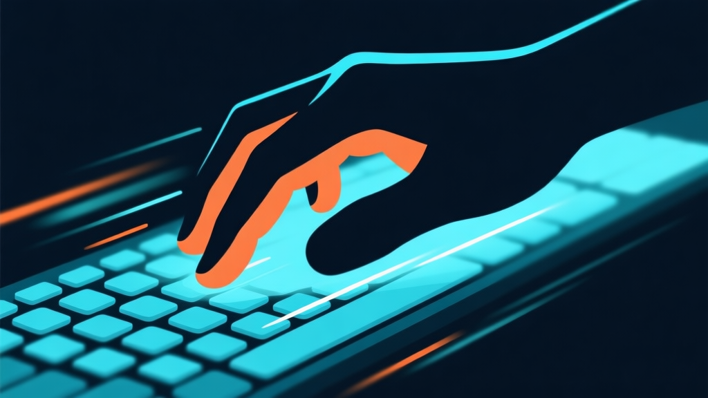 Ilustrasi minimalis tangan di atas keyboard dengan jejak cahaya berwarna biru muda dan oranye yang menunjukkan kecepatan dan alur, latar belakang gelap, gaya digital clean, konsep kecepatan dan ketepatan high quality illustration, detailed, 16:9