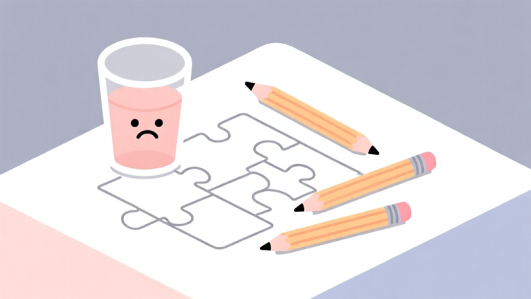 自动生成图片: Ilustrasi minimalis game puzzle dengan gelas sedih dan beberapa garis pensil sederhana di atasnya, latar belakang putih bersih, gaya flat design, warna-warna pastel lembut, fokus pada komposisi garis dan bentuk dasar high quality illustration, detailed, 16:9