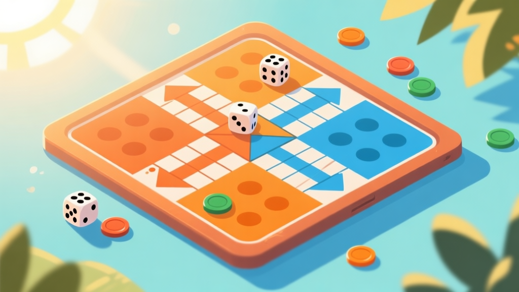 Ilustrasi minimalis papan permainan Ludo digital dengan dadu dan token, disinari cahaya matahari musim panas, nuansa warna hangat oranye dan biru muda, desain bersih, gaya ilustrasi game modern high quality illustration, detailed, 16:9