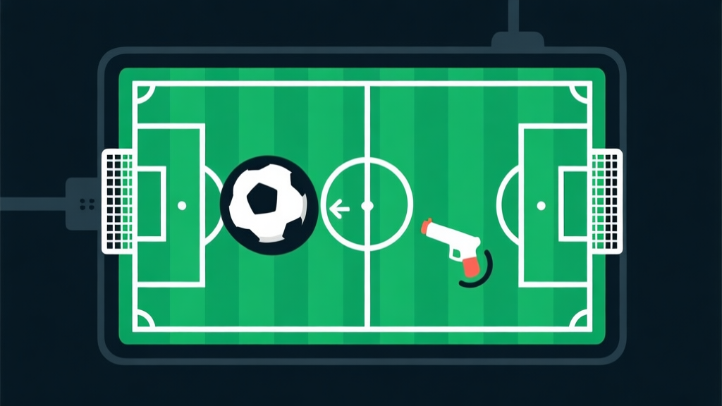 Ilustrasi minimalis dari kontrol game bergaya sepak bola dengan tombol arah, passing, dan shooting yang disorot, latar belakang gelap dengan aksen hijau lapangan, desain clean dan profesional high quality illustration, detailed, 16:9