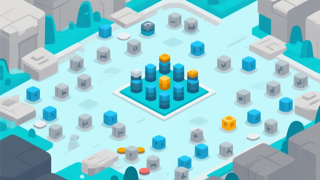 Ilustrasi papan game Merge Arena yang berantakan dengan banyak unit level rendah berserakan, dan satu area kecil yang rapi dengan unit level tinggi, skema warna biru muda dan abu-abu, gaya minimalis bersih, ilustrasi konsep game high quality illustration, detailed, 16:9