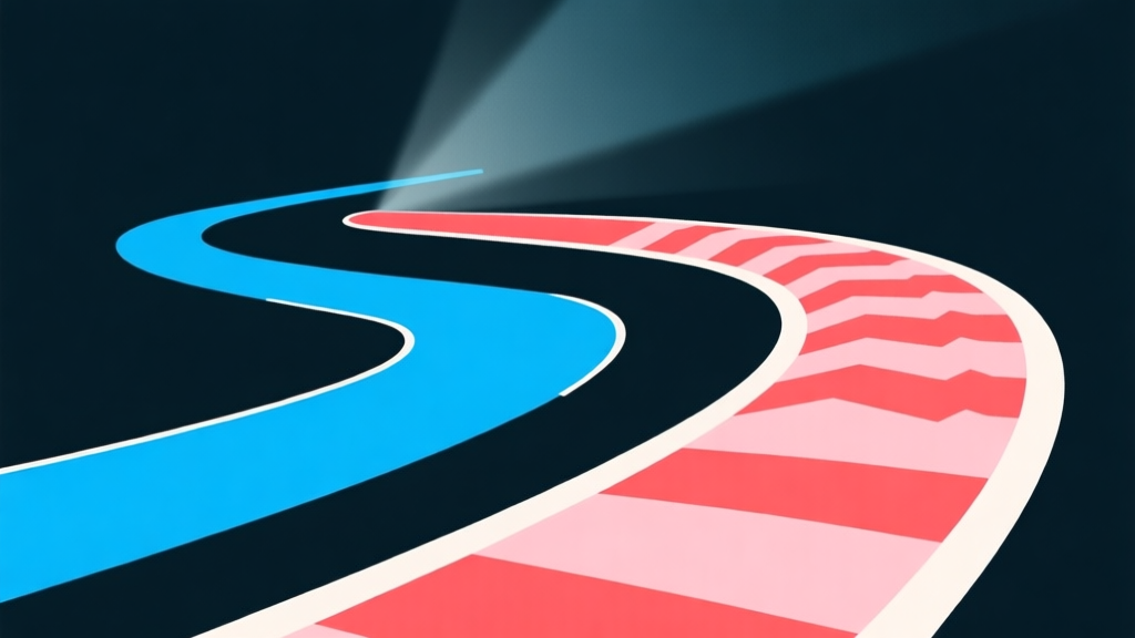 Ilustrasi minimalis dua garis jalur balap yang berbeda di tikungan, satu garis halus dan optimal berwarna biru terang, satu lagi zig-zag dan panjang berwarna merah muda pudar, latar belakang gelap dengan sorotan fokus pada titik apex tikungan, gaya grafis bersih seperti diagram strategi balap high quality illustration, detailed, 16:9